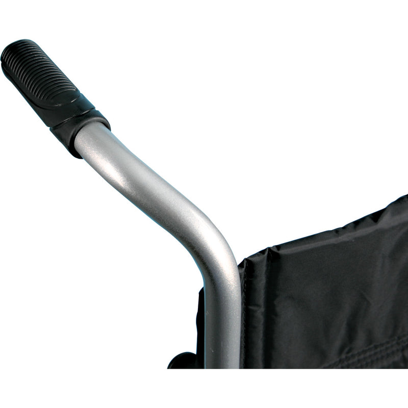 Close-up of a wheelchair handle with black grip on a white background