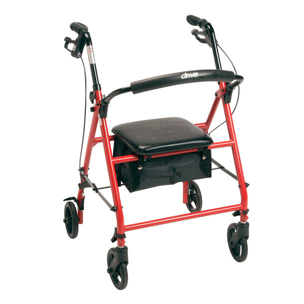 Red rollator with a black seat on a white background