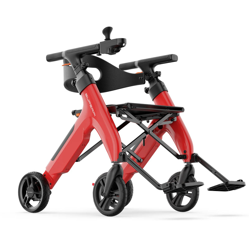 A red and black compact rolling walker with three wheels, a seat, and a footrest, shown on a clean white background.