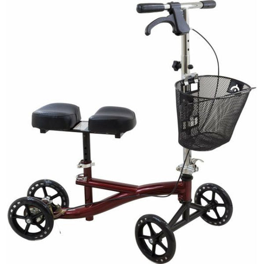 Three-wheeled mobility scooter with a basket on a white background