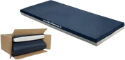A navy blue geosleeping mattress shown on a white background, alongside its open cardboard shipping box containing a rolled-up version of the same mattress.
