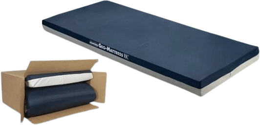 A navy blue geosleeping mattress shown on a white background, alongside its open cardboard shipping box containing a rolled-up version of the same mattress.
