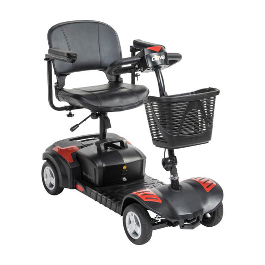 Black and red mobility scooter with a basket on a white background