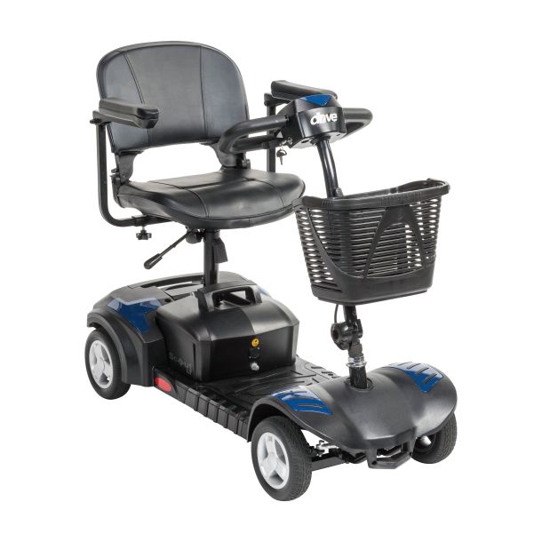 Black mobility scooter with a basket on a white background