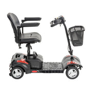 Gray and black mobility scooter with a basket on a white background
