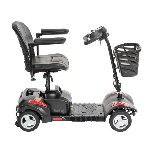 Gray and black mobility scooter with a basket on a white background