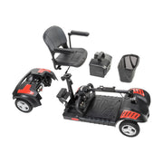 Black and red scooter with various attachments on a white background