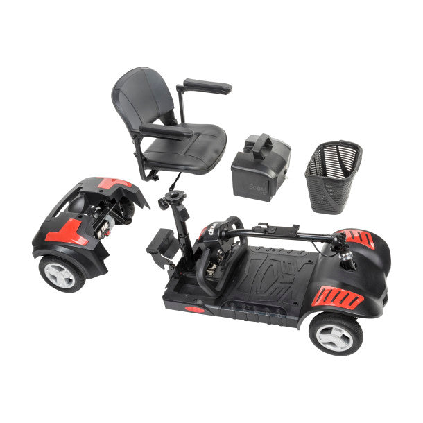 Black and red scooter with various attachments on a white background