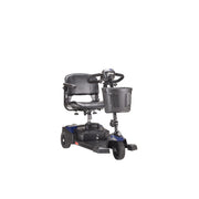 Three-wheeled mobility scooter with a basket on a white background