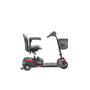 Black mobility scooter with a seat and basket on a white background