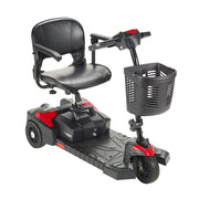 Black and red mobility scooter with a basket on a white background