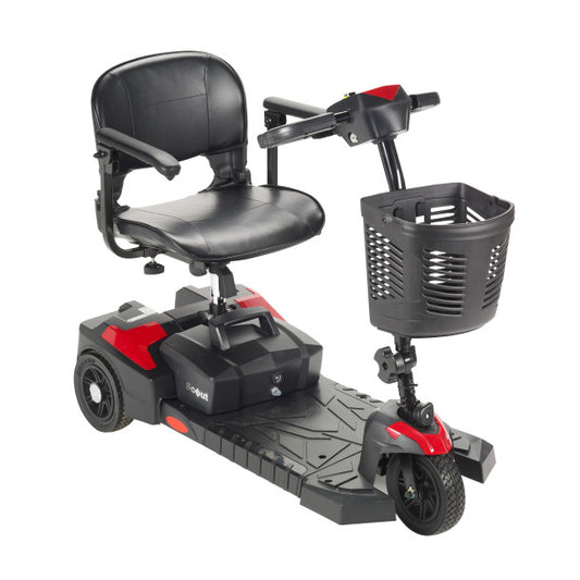 Black and red mobility scooter with a basket on a white background