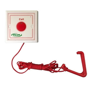 Red emergency call button with cable on a white background