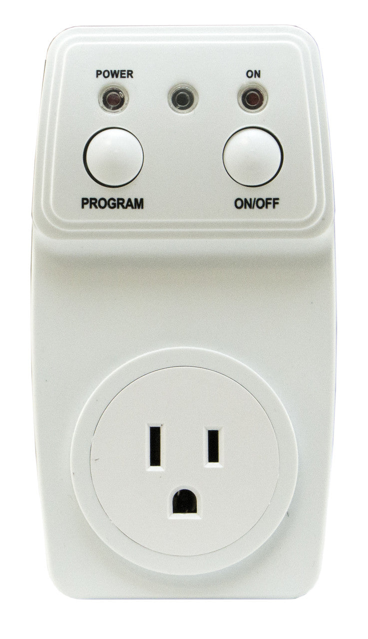 White electrical outlet with control buttons on a white background