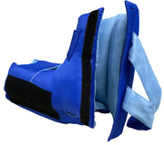 Blue and black padded support brace or leg splint with a light blue inner lining and adjustable straps, shown on a plain white background.