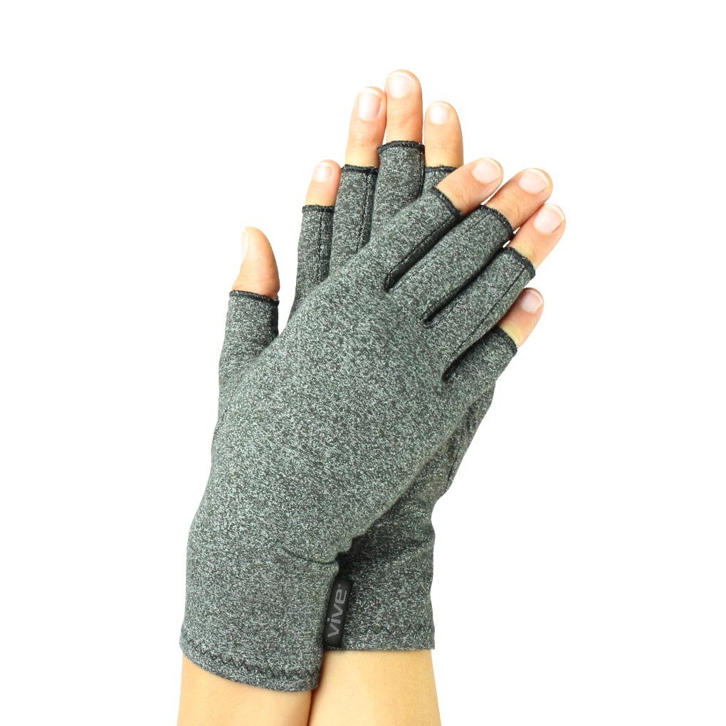 Gray glove with fingerless design held by a hand on a white background