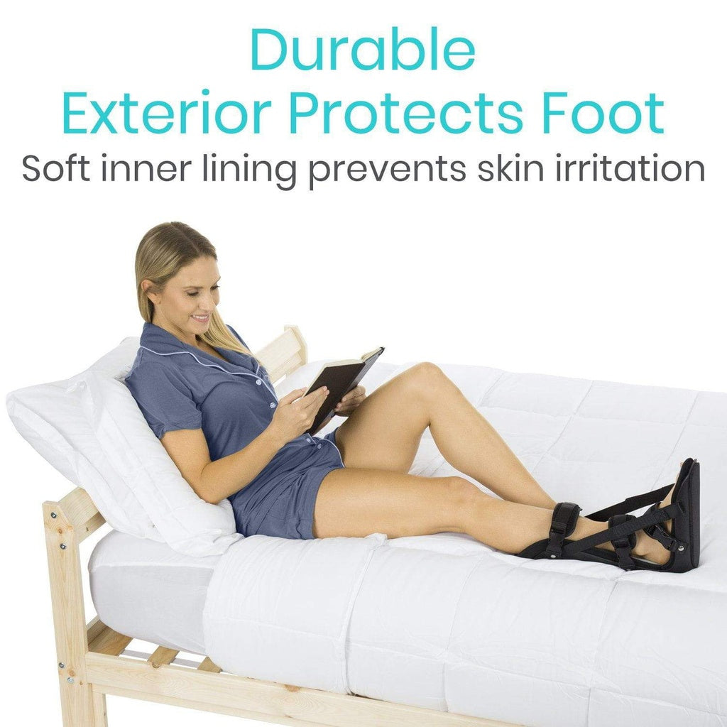 Woman in a footrest with text about durable exterior and soft inner lining