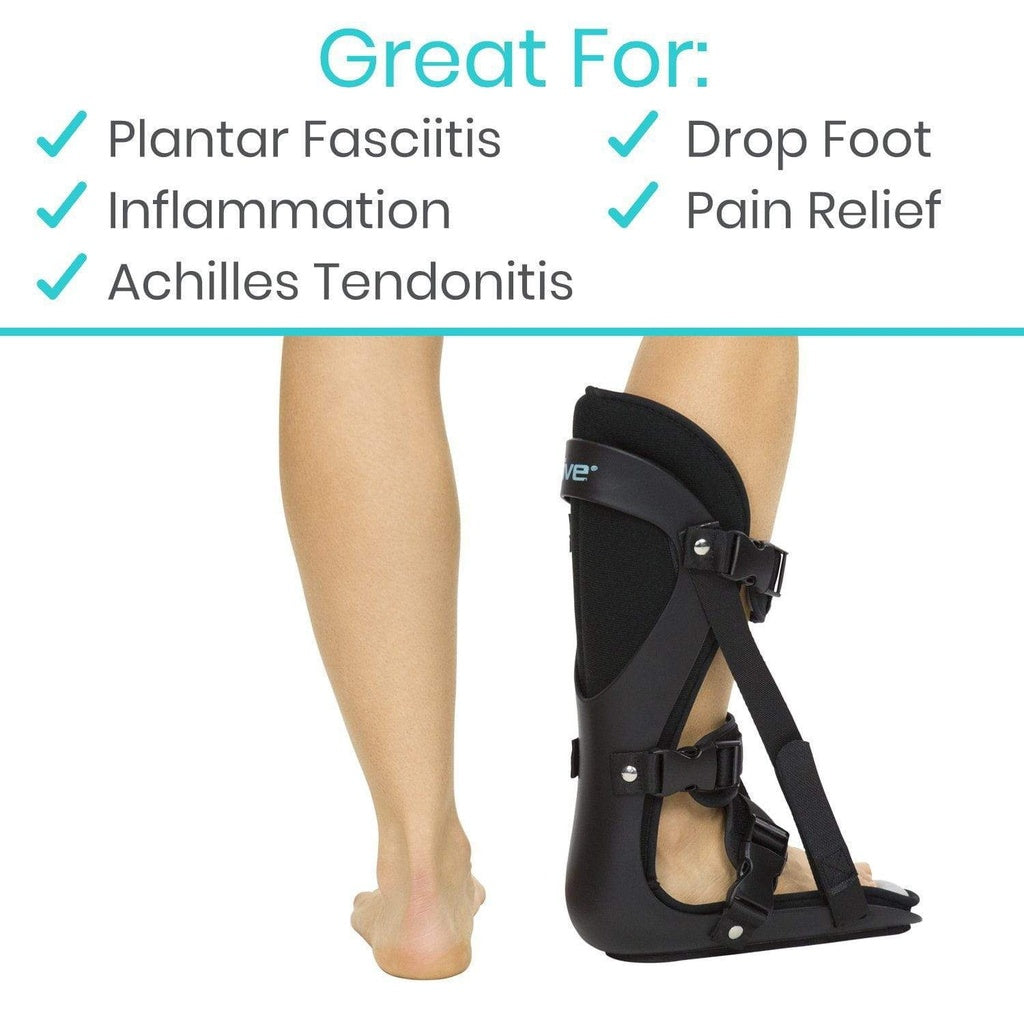 Black foot brace on a leg with text indicating its uses for plantar fasciitis, drop foot, inflammation, and Achilles tendonitis.