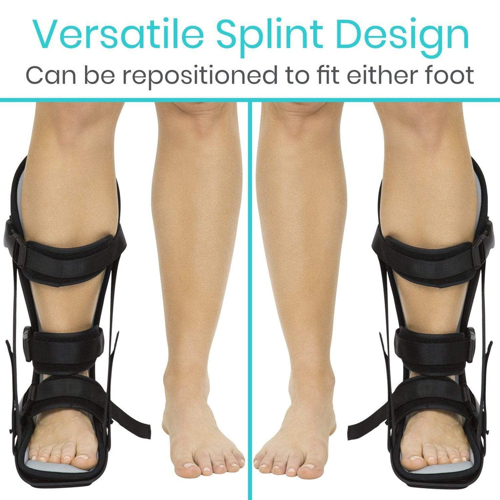 Black splint being worn on a foot with text indicating versatility and repositionability.