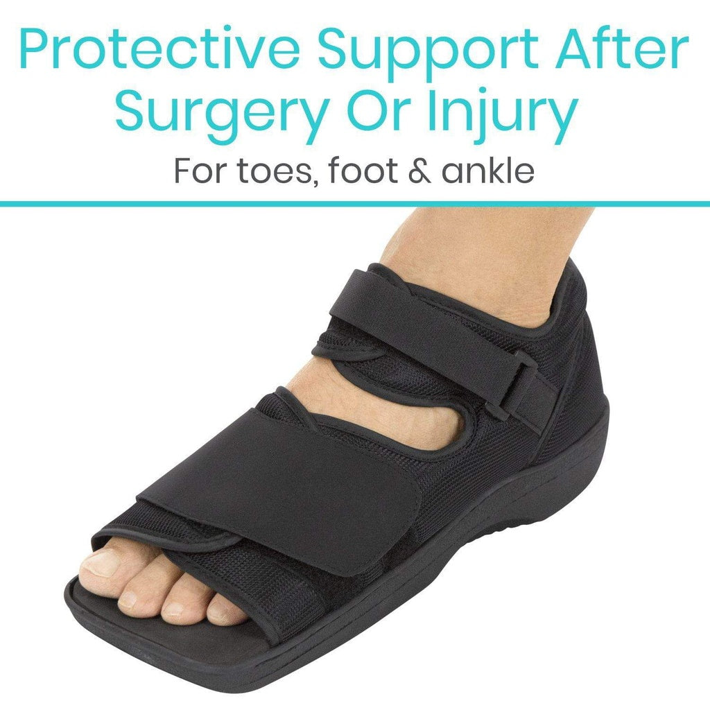 Black foot cast brace with text about protective support after surgery or injury