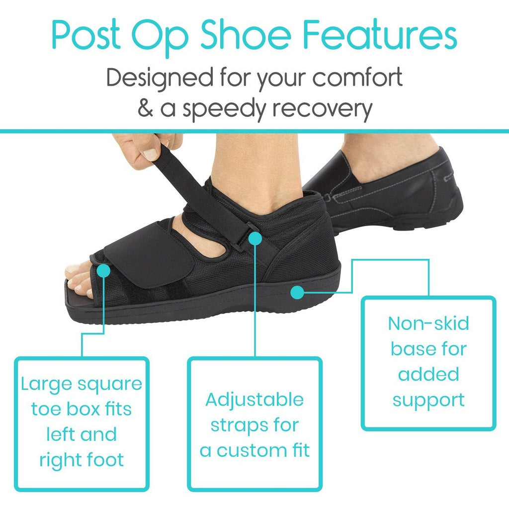 Black post-operative shoe with features highlighted on a white background