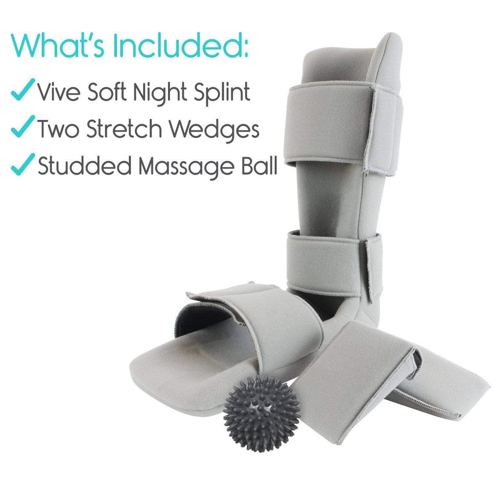 Gray night splint with two stretch wedges and a studded massage ball on a white background