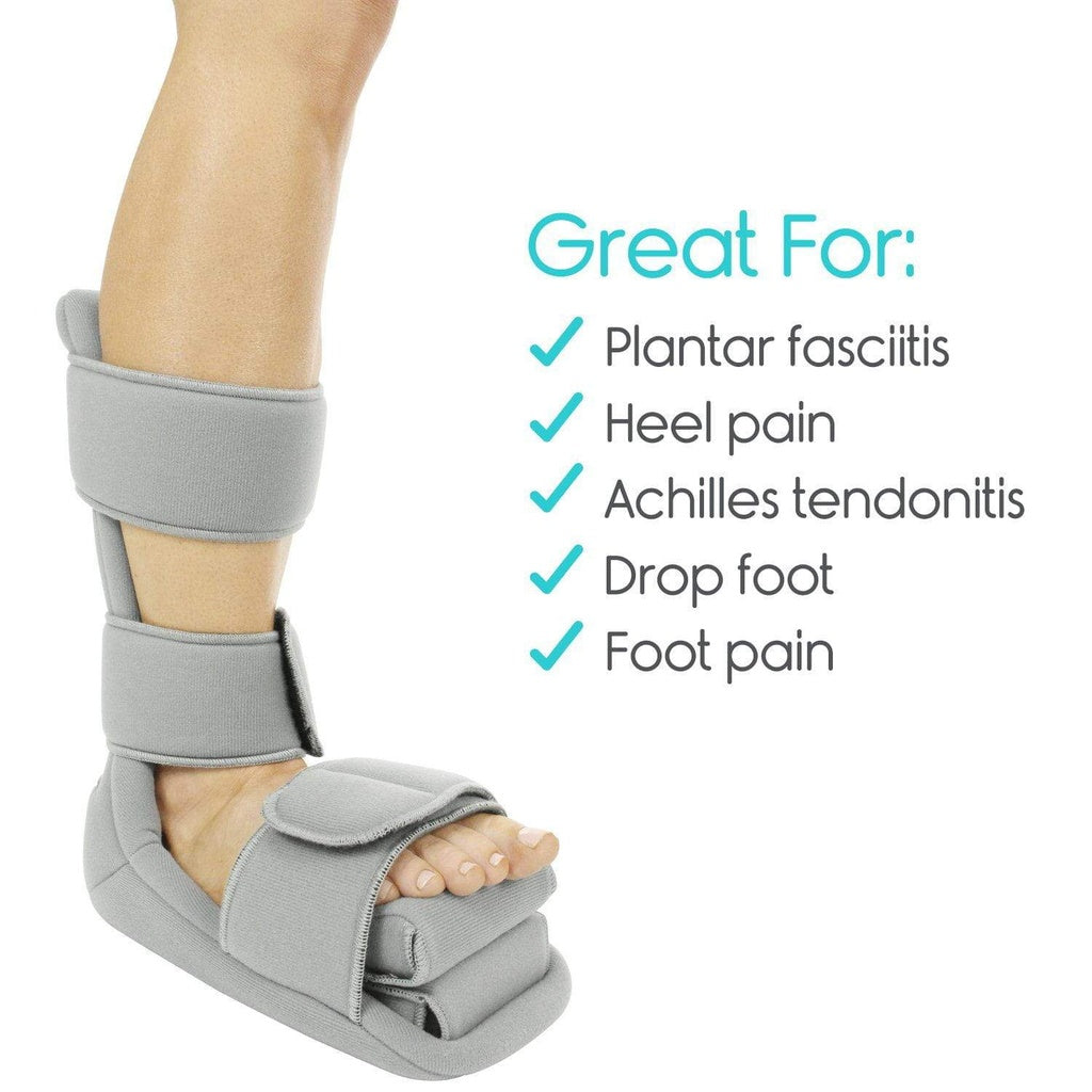 Gray foot brace on a person's foot with text indicating its uses for plantar fasciitis, heel pain, Achilles tendonitis, drop foot, and foot pain.