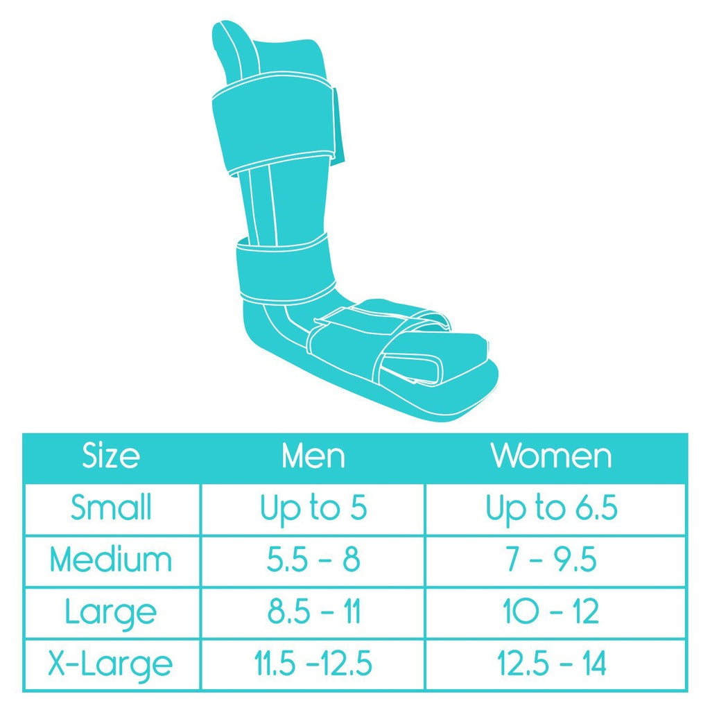 Illustration of a foot in a blue cast with a size chart below on a white background