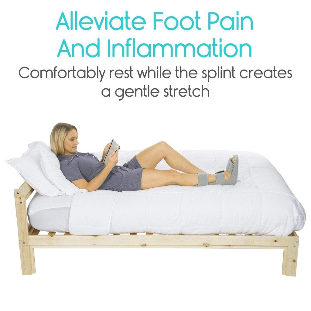 Woman lying on a bed with a foot splint, reading a book, with text about alleviating foot pain and inflammation.