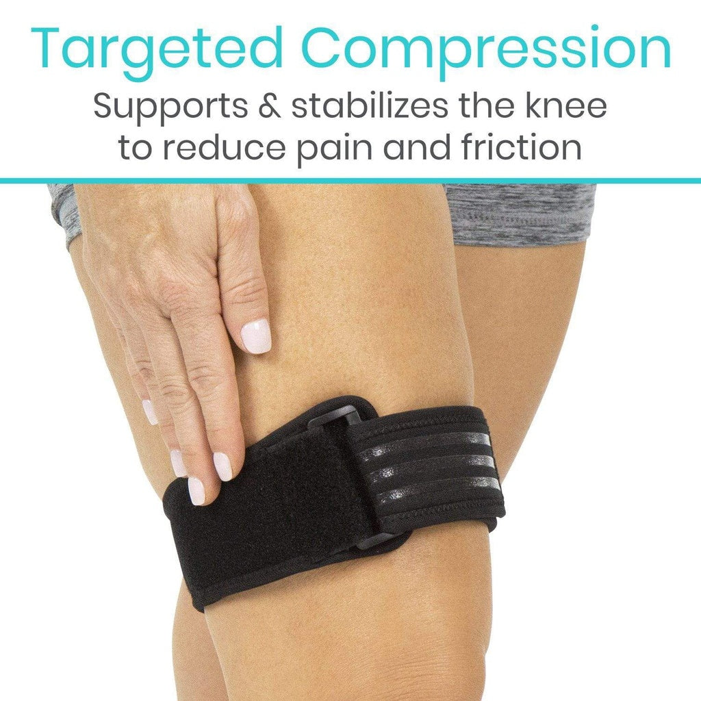Black knee brace being worn on a person's knee with text about targeted compression.