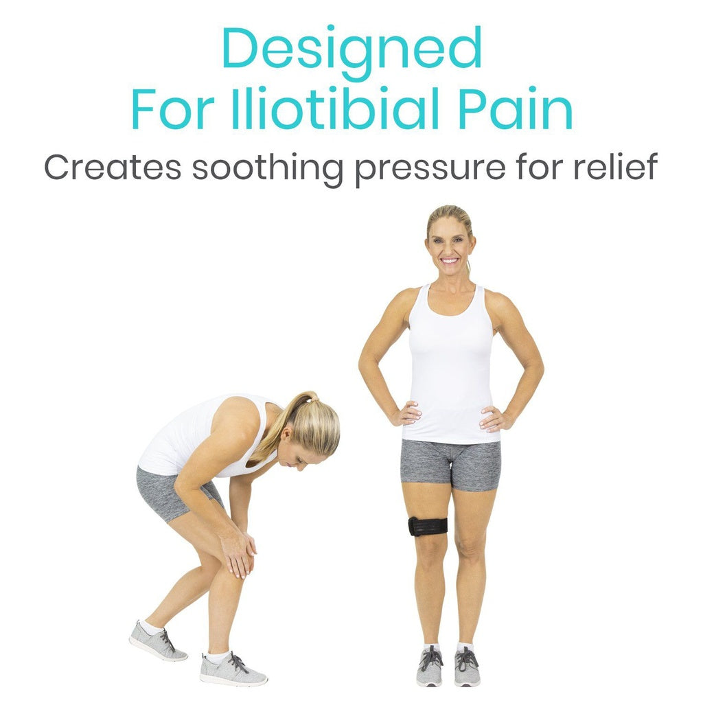 Two women demonstrating the use of a knee brace for iliotibial pain relief on a white background.
