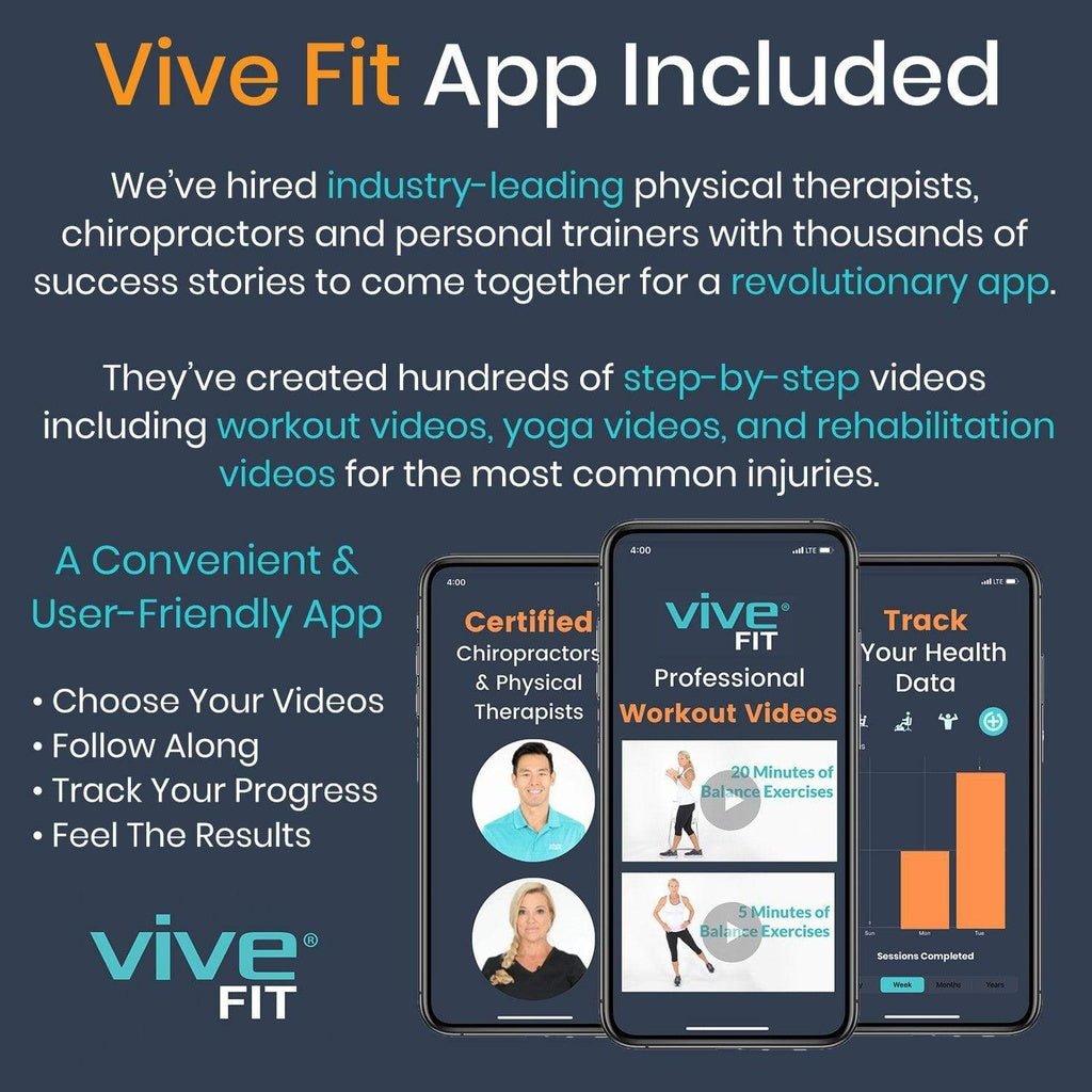 Advertisement for Vive Fit app with smartphone screens displaying app features and Vive Fit logo.