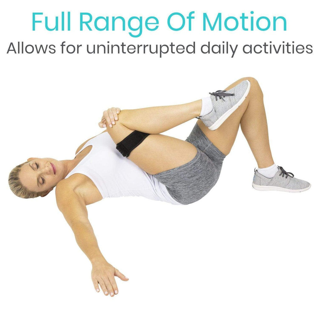 Woman performing a leg exercise with text 'Full Range Of Motion Allows for uninterrupted daily activities' on a white background.