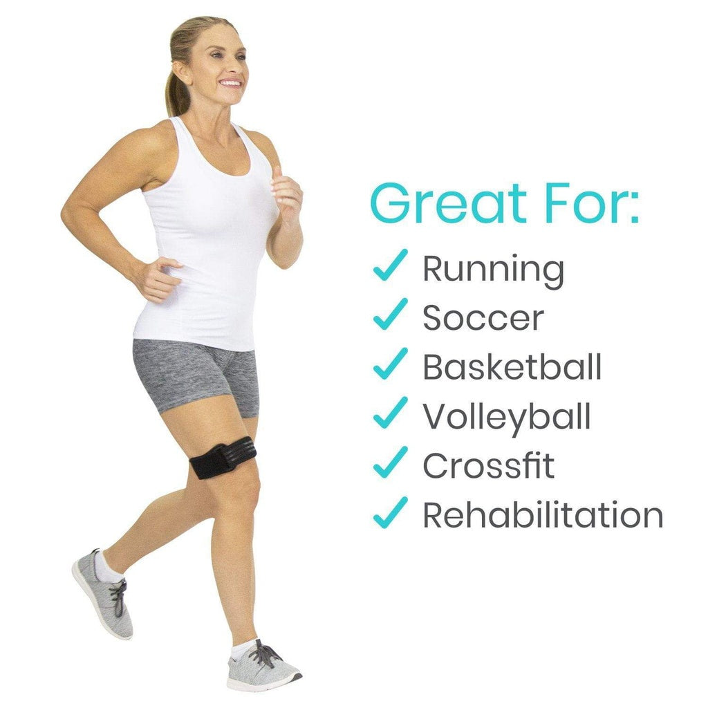 Woman wearing a knee brace with text indicating uses for running, soccer, basketball, volleyball, crossfit, and rehabilitation.