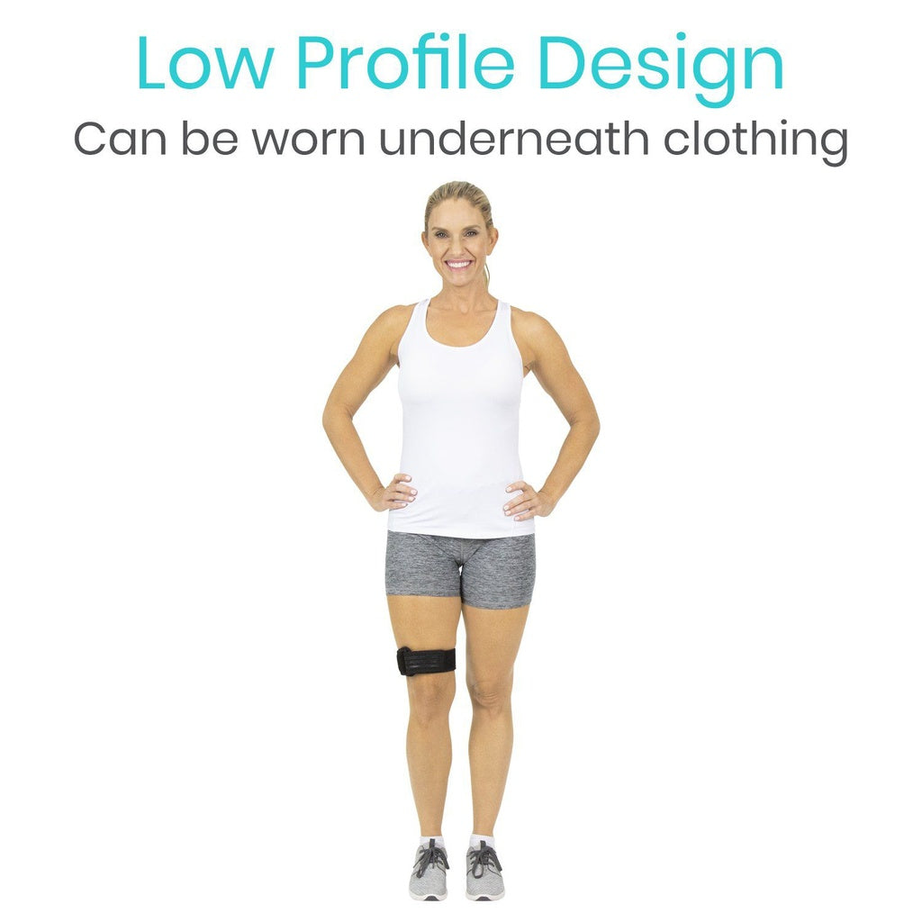 Woman wearing a knee brace with text about low profile design and wearing underneath clothing.