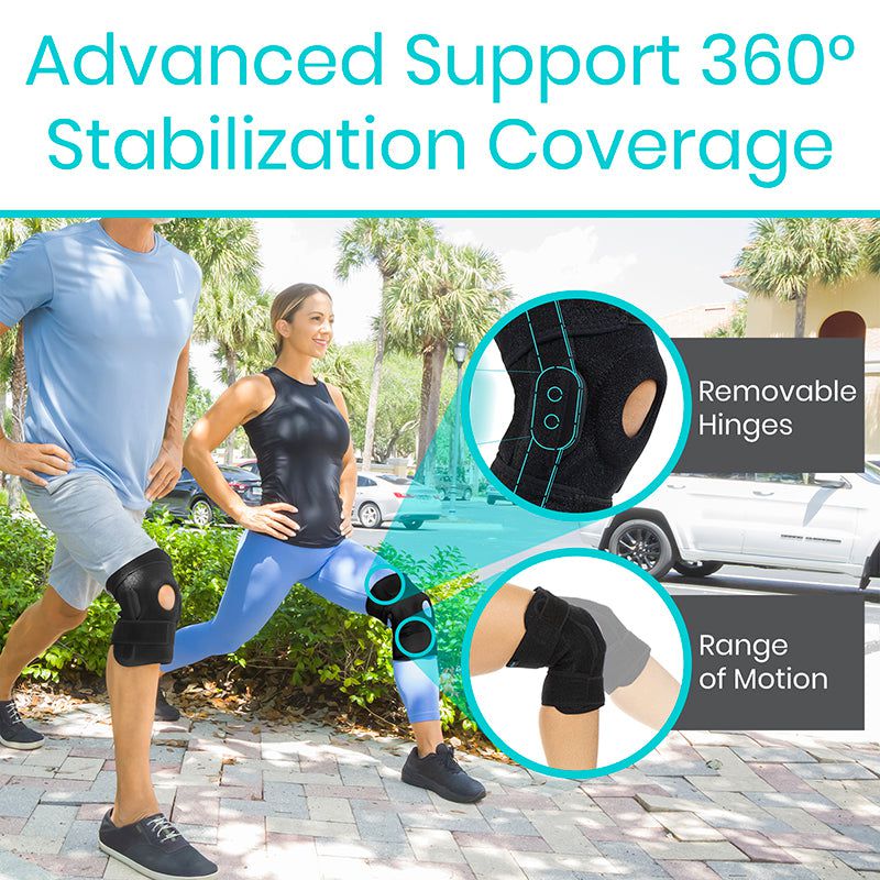 Two people exercising outdoors with knee support, highlighting removable hinges and range of motion.