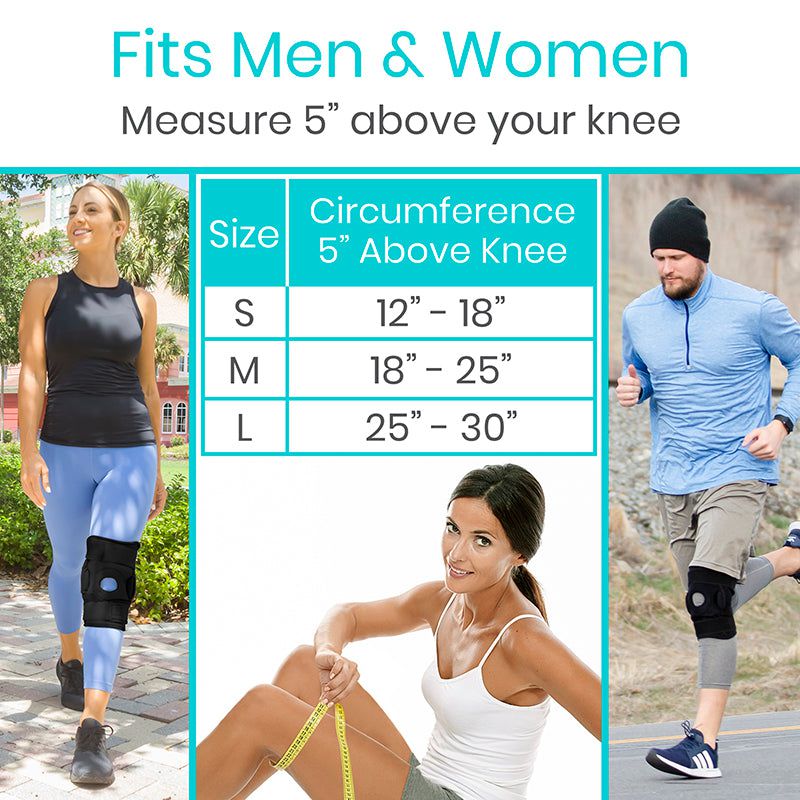 Measurement chart for knee support sizing with people wearing the product outdoors.