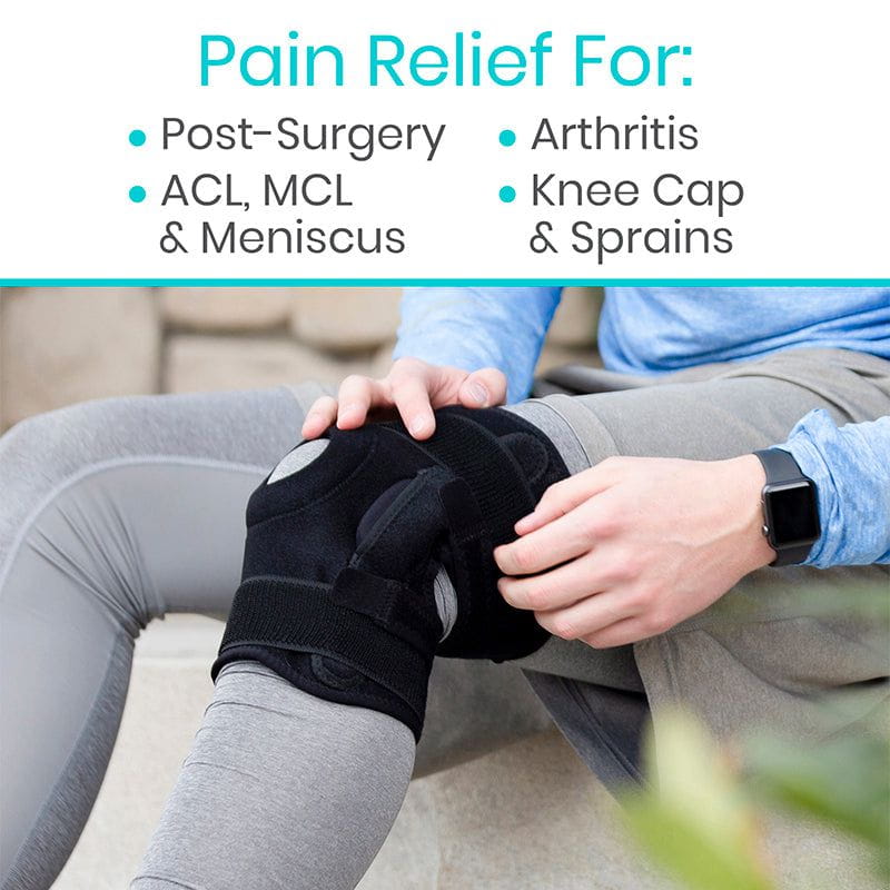 Person wearing a black knee brace with text indicating pain relief for various conditions.