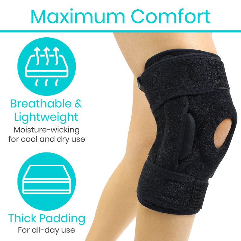 Black knee brace with text highlighting features on a white background