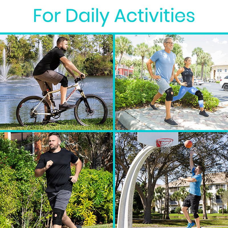 Collage of people engaging in various daily activities wearing knee braces.