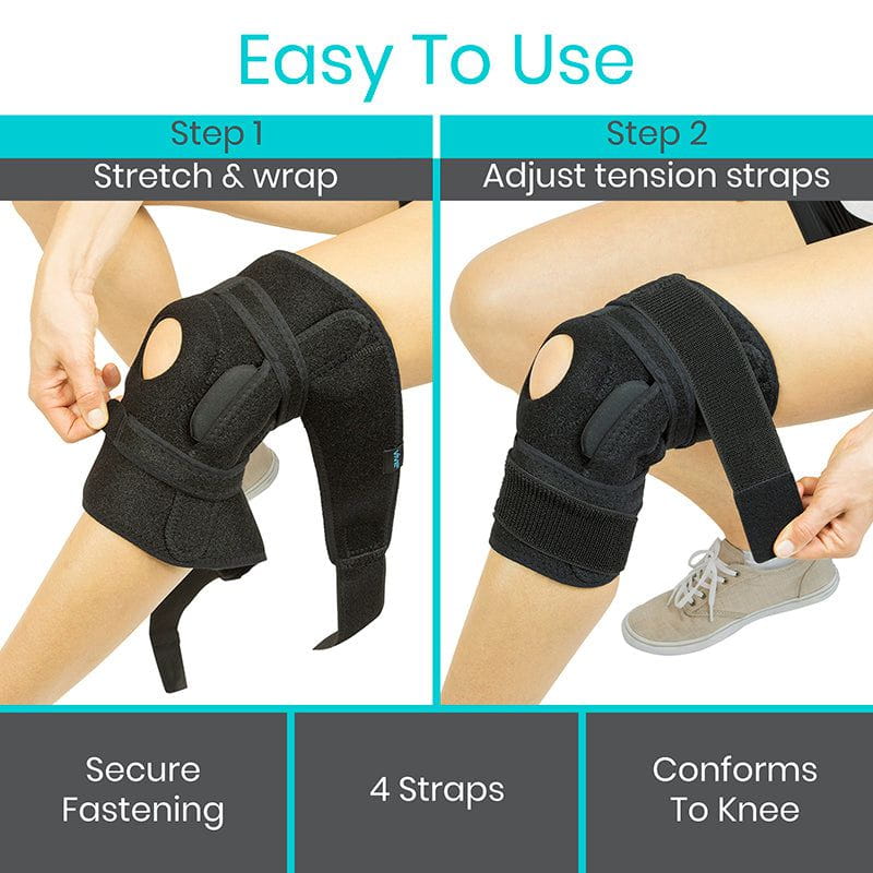 Knee brace with step-by-step instructions on how to use it, including stretching, wrapping, adjusting tension straps, and conforming to the knee.