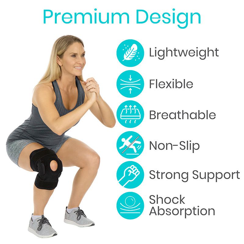 Woman exercising with a knee brace, surrounded by icons and text highlighting features on a white background.