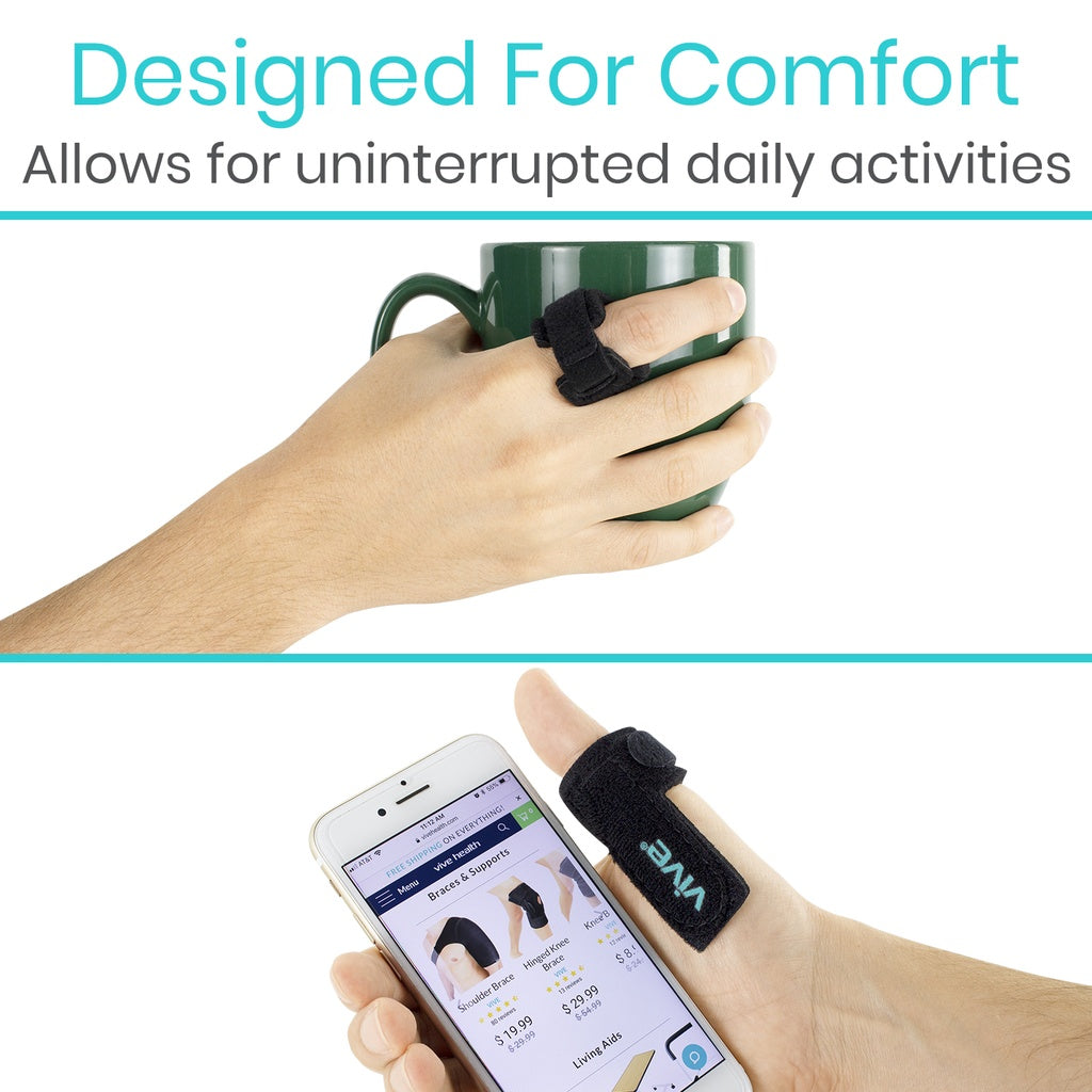 Hand holding a green mug with a black finger sleeve and a hand holding a smartphone with a black finger sleeve, with text 'Designed For Comfort' and 'Allows for uninterrupted daily activities'.