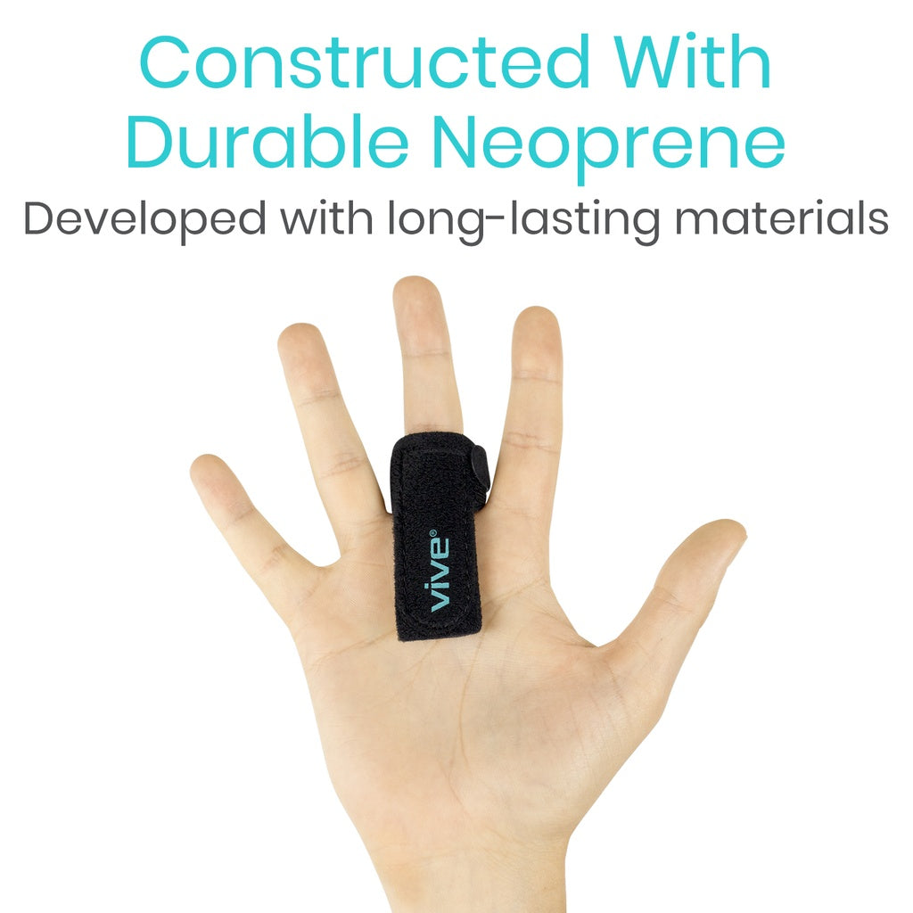 Black neoprene finger wrap on a hand with text about durable materials
