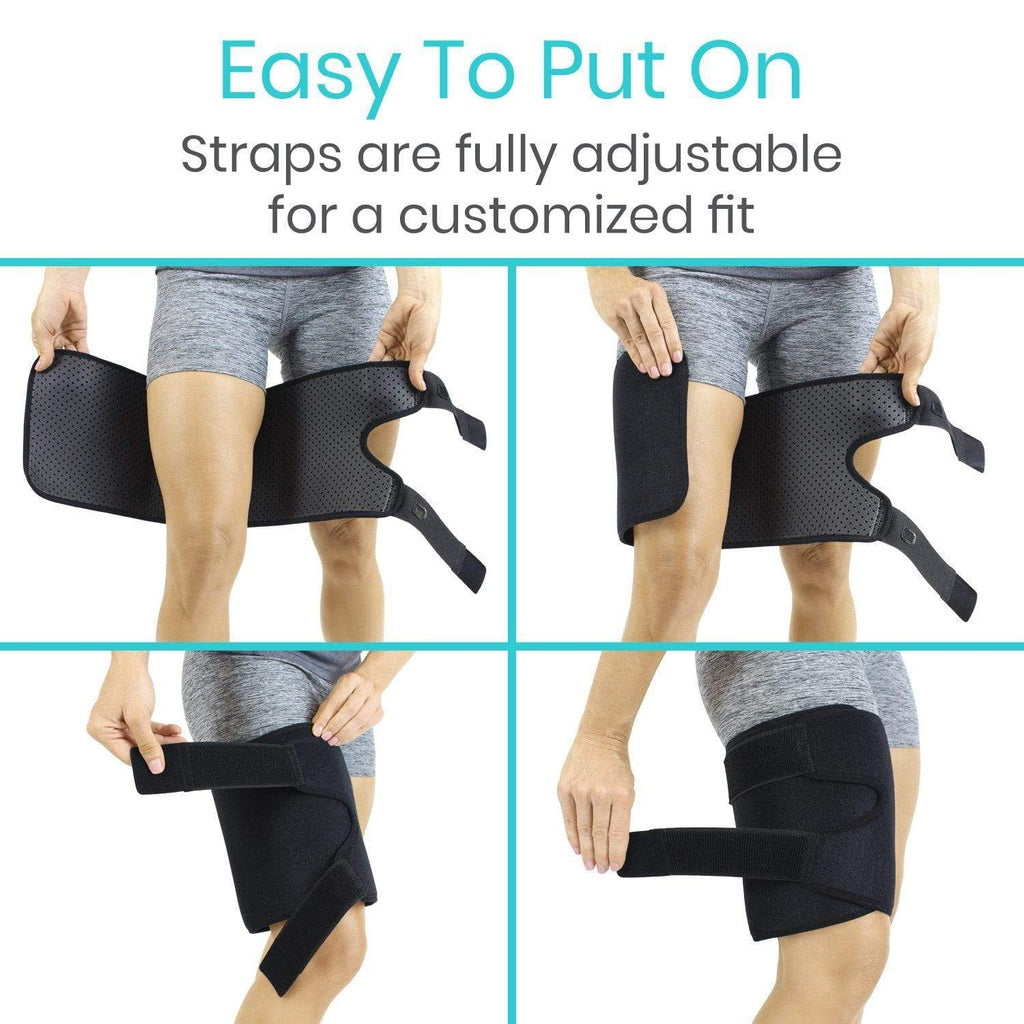 Black knee support being put on with text 'Easy To Put On' and 'Straps are fully adjustable for a customized fit'.