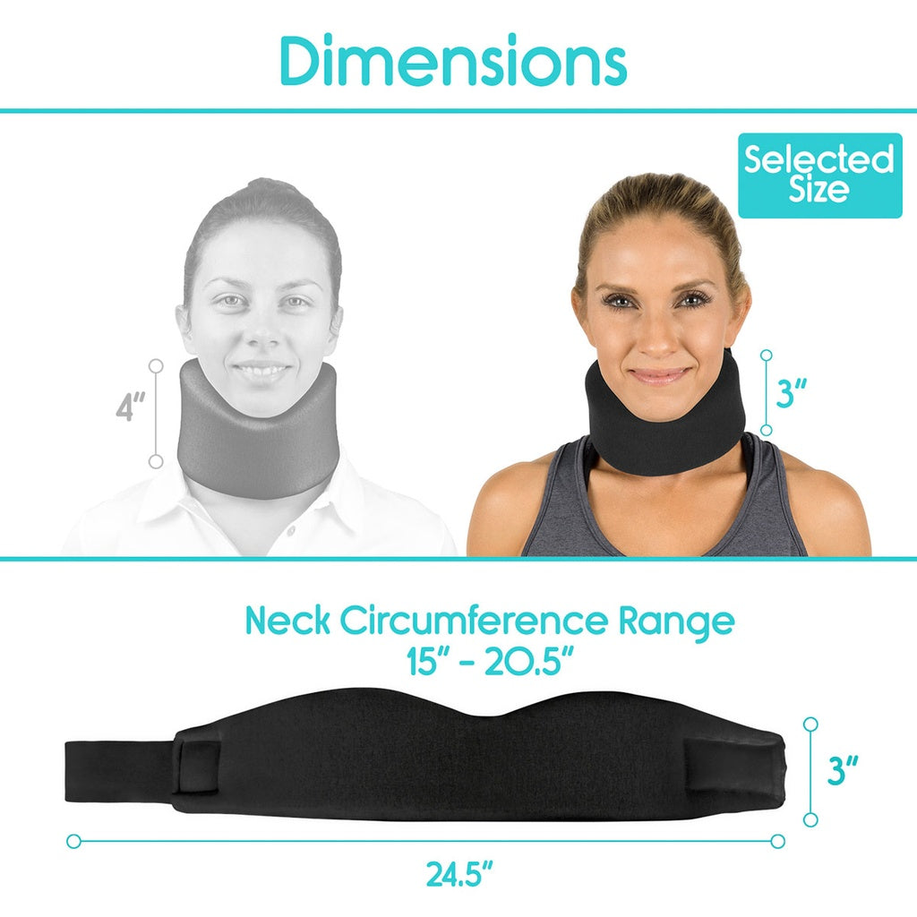 Neck brace with dimensions and a woman wearing it, showing neck circumference range.