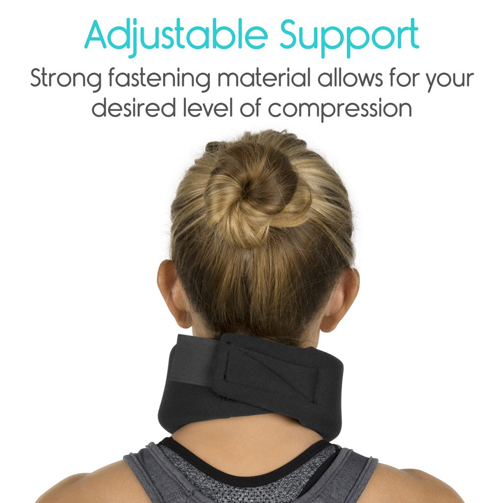 Person wearing a black neck brace with text about adjustable support on a white background