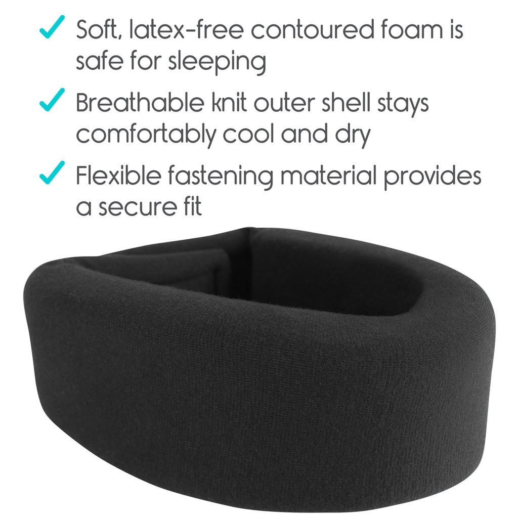 Black contoured foam pillow with text highlighting its features on a white background