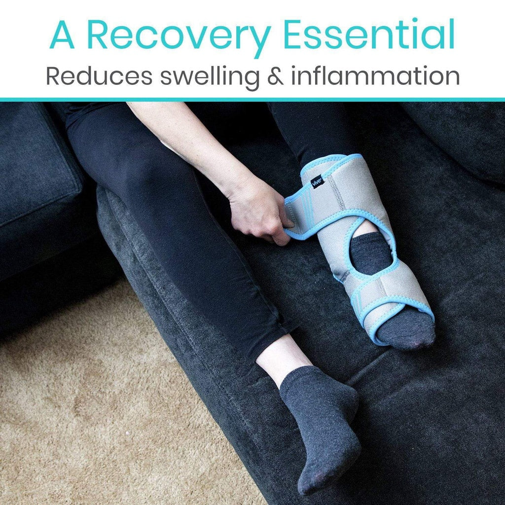 Person using a foot brace on a couch with text about swelling and inflammation reduction.