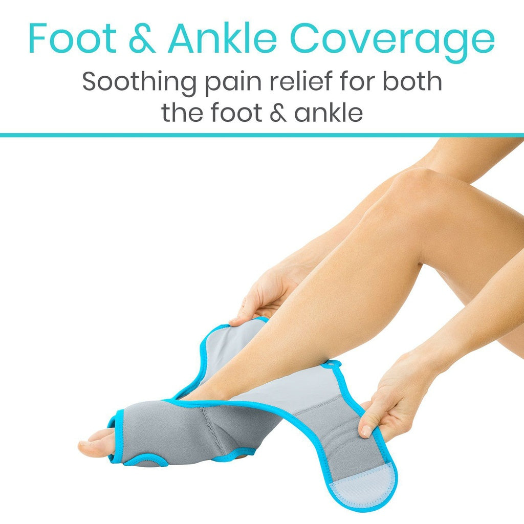 Gray and blue foot and ankle support with text about pain relief on a white background